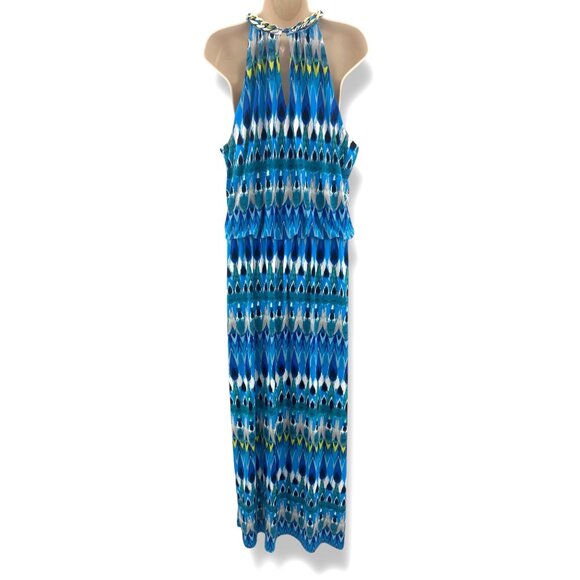Dressbarn Blue Ikat Print Gold Chain Halter Neck Blouson Maxi Dress Sz 16 Summer - Picture 4 of 9